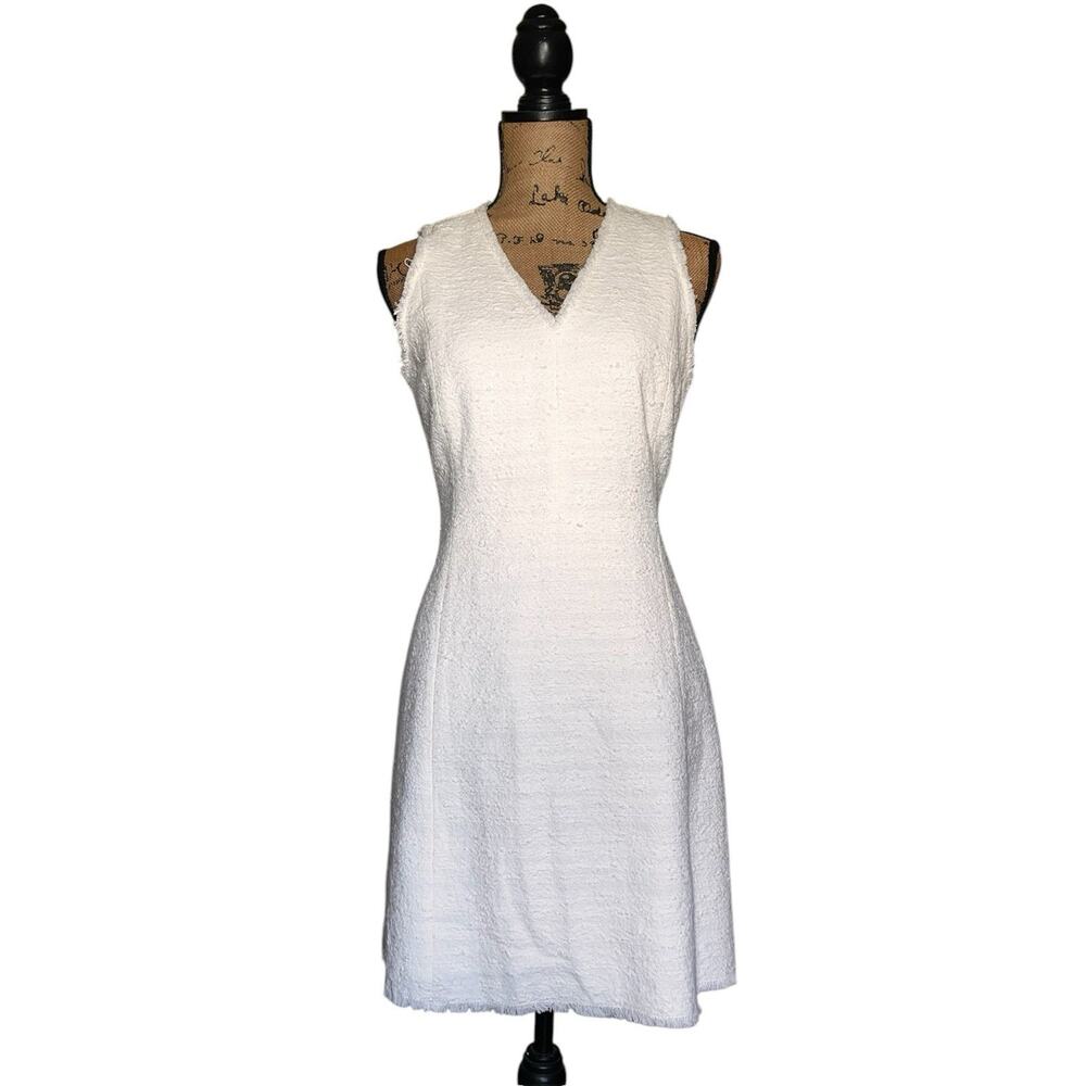 REBECCA TAYLOR WHITE TEXTURED BOUCLE SHEATH DRESS RAW EDGES SIZE 6
